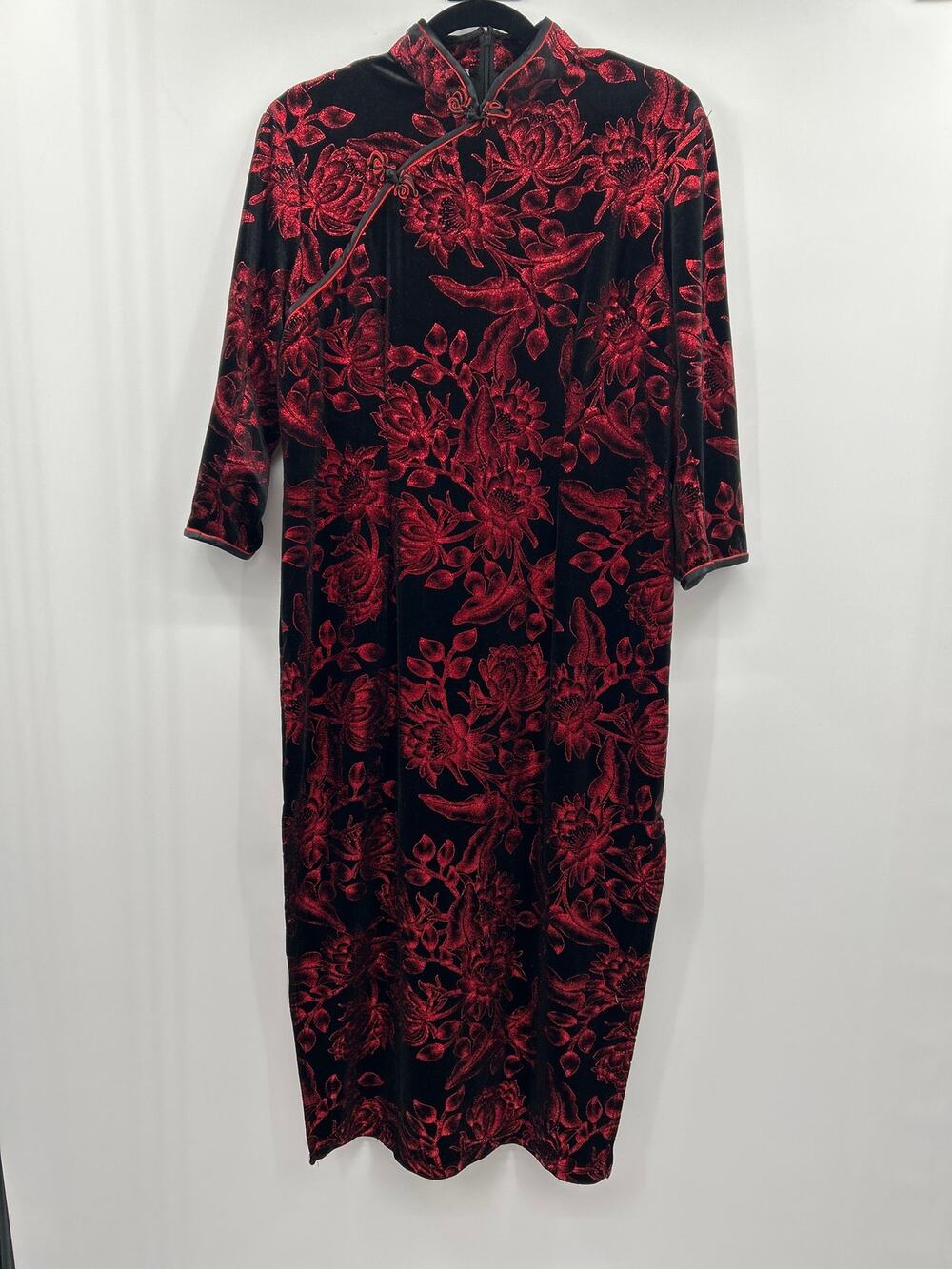 Laogudai Red Black Velvet Floral Asian Inspired Maxi Dress Side Slits Zip Back